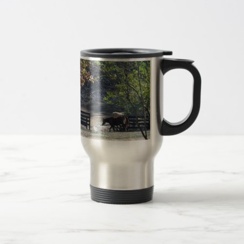 Brown Horse walking through Fence Travel Mug