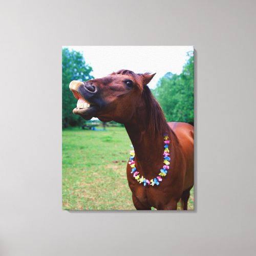 Brown horse wearing necklace baring teeth canvas print