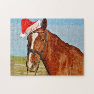 Brown horse with a Santa Hat on