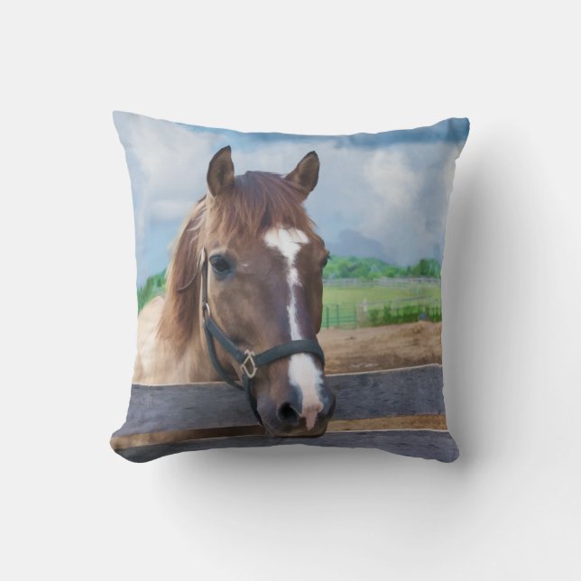 Brown Horse with Bridle Throw Pillow (Front)