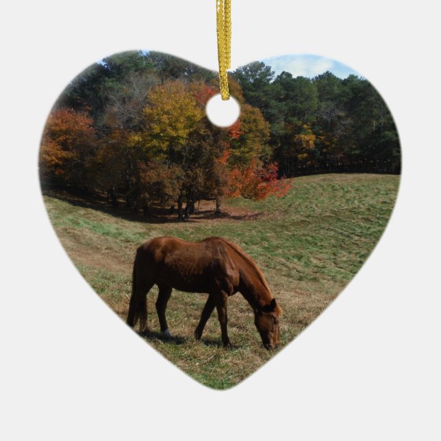 Brown horse with fall trees ceramic ornament (Front)