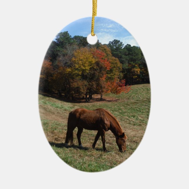 Brown horse with fall trees ceramic ornament (Front)