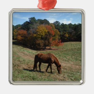 Brown horse with fall trees metal ornament