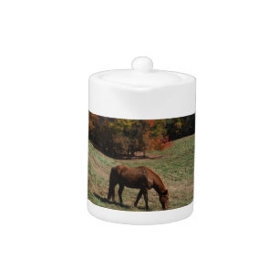 Brown horse with fall trees teapot