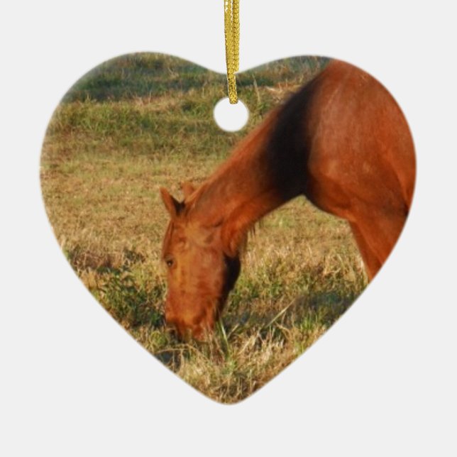 Brown Horse with Pine Trees Ceramic Ornament (Front)