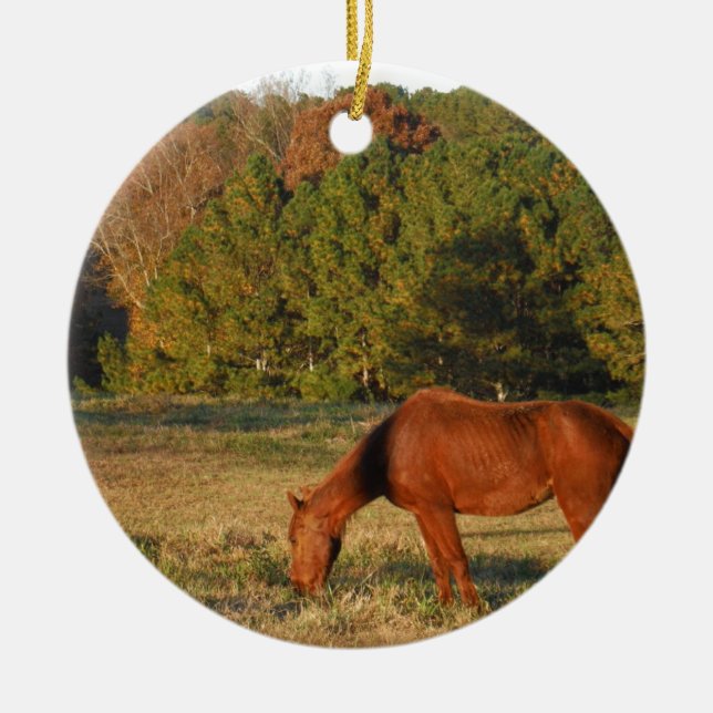 Brown Horse with Pine Trees Ceramic Ornament (Front)