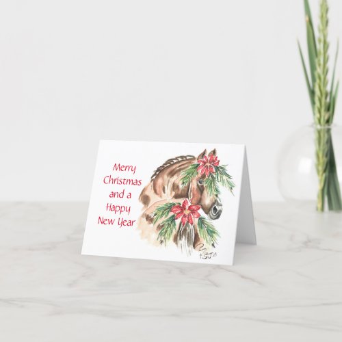 Brown Horse with Poinsettia on tail and forelock Holiday Card