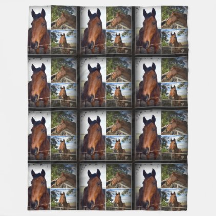 Brown Horses In A Photo Collage, Large Fleece Blanket