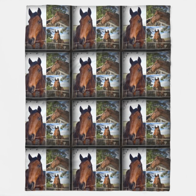 Brown Horses In A Photo Collage, Large Fleece Blanket (Front)