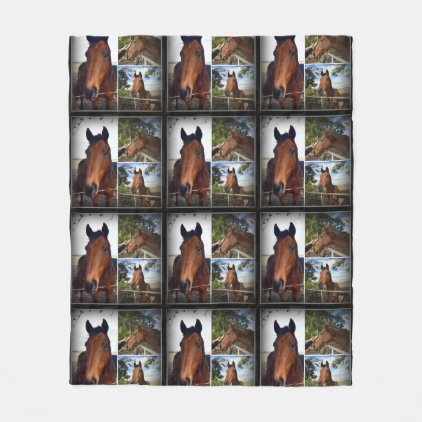 Brown Horses In A Photo Collage,Medium Fleece Blanket