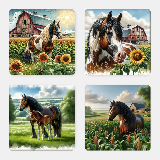 Brown Horses in Sunflower Meadows Coaster Set (Set)