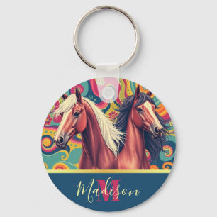 Brown Horses on colorful pattern name Keychain