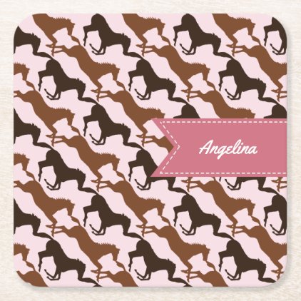 Brown Horses on Pink Square Paper Coaster