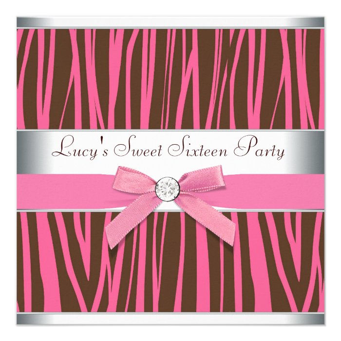 Brown & Hot Pink Zebra Sweet Sixteen Birthday Part Invitations