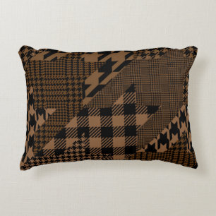 Brown Houndstooth Plaid Pattern Patchwork Collage Accent Pillow