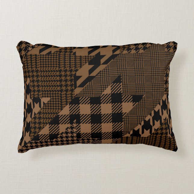 Brown Houndstooth Plaid Pattern Patchwork Collage Accent Pillow (Front)