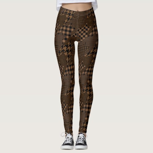 Brown Houndstooth Plaid Pattern Patchwork Collage Leggings