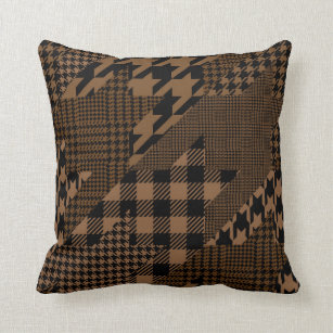 Brown Houndstooth Plaid Pattern Patchwork Collage Throw Pillow