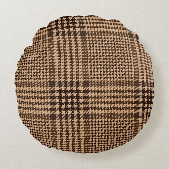 Brown Houndstooth Scottish Check Plaid Pattern Round Pillow (Front)