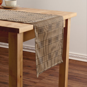 Brown Houndstooth Scottish Check Plaid Pattern Short Table Runner
