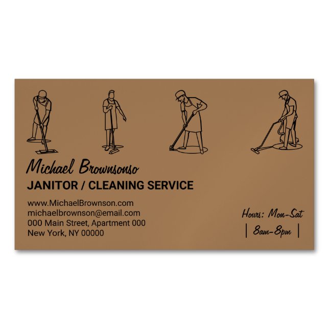 Brown House Cleaning Professional Men Janitorial Business Card Magnet (Front)