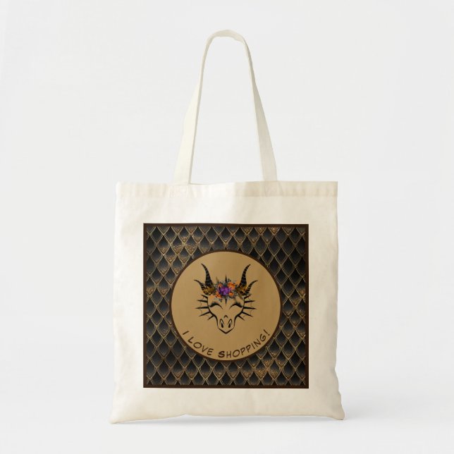 Brown I Love Shopping Dragon Head & Scales Tote Bag (Front)