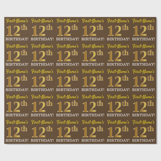 Brown, Imitation Gold Look "12th BIRTHDAY" Wrapping Paper (Flat)