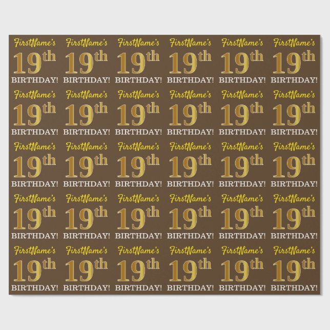 Brown, Imitation Gold Look "19th BIRTHDAY" Wrapping Paper (Flat)