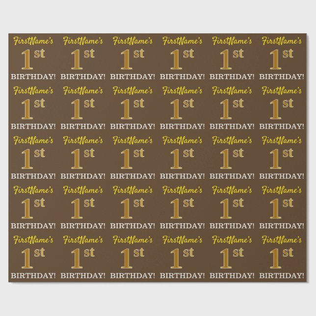 Brown, Imitation Gold Look "1st BIRTHDAY" Wrapping Paper (Flat)