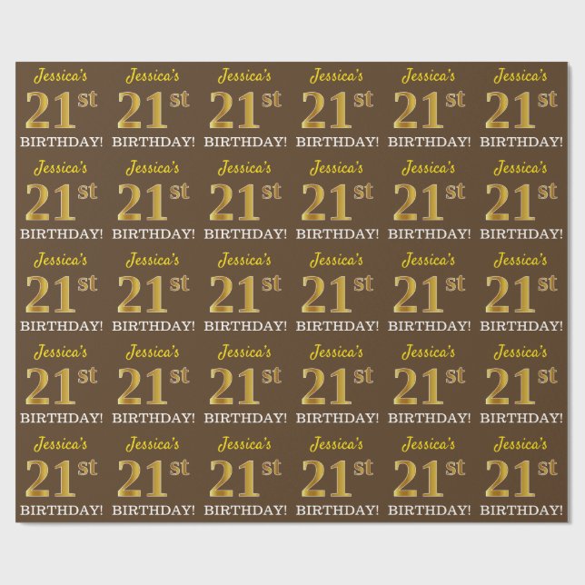 Brown, Imitation Gold Look "21st BIRTHDAY" Wrapping Paper (Flat)