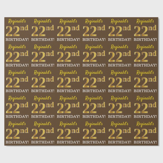 Brown, Imitation Gold Look "22nd BIRTHDAY" Wrapping Paper (Flat)