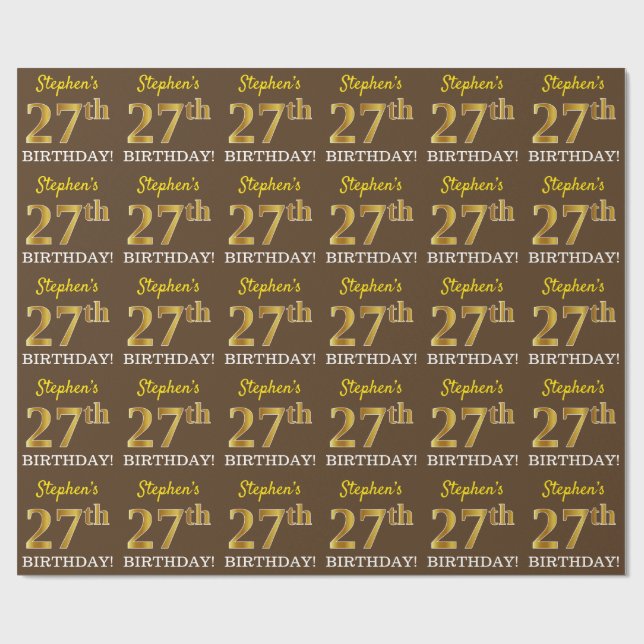 Brown, Imitation Gold Look "27th BIRTHDAY" Wrapping Paper (Flat)
