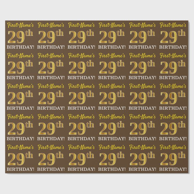 Brown, Imitation Gold Look "29th BIRTHDAY" Wrapping Paper (Flat)