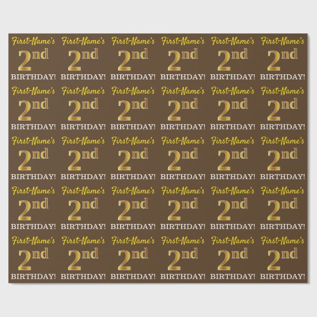 Brown, Imitation Gold Look "2nd BIRTHDAY" Wrapping Paper (Flat)