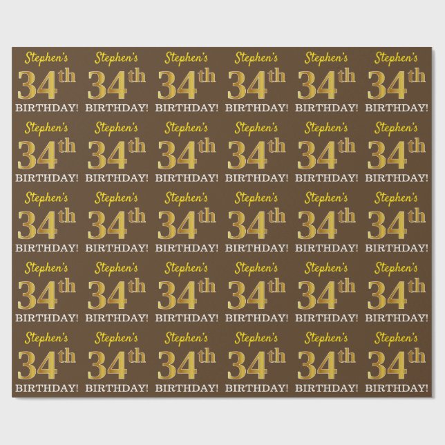 Brown, Imitation Gold Look "34th BIRTHDAY" Wrapping Paper (Flat)