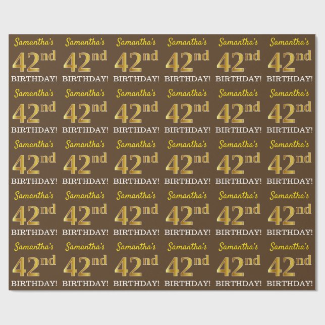 Brown, Imitation Gold Look "42nd BIRTHDAY" Wrapping Paper (Flat)