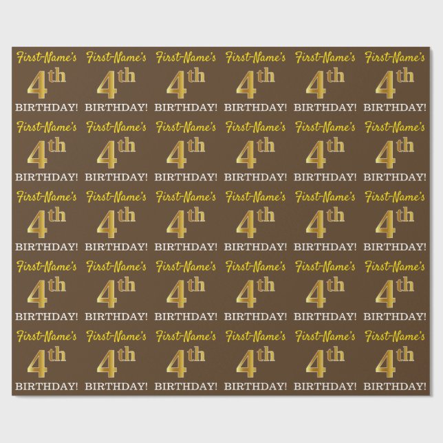 Brown, Imitation Gold Look "4th BIRTHDAY" Wrapping Paper (Flat)
