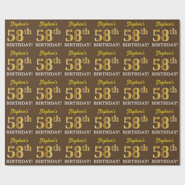 Brown, Imitation Gold Look "58th BIRTHDAY" Wrapping Paper (Flat)