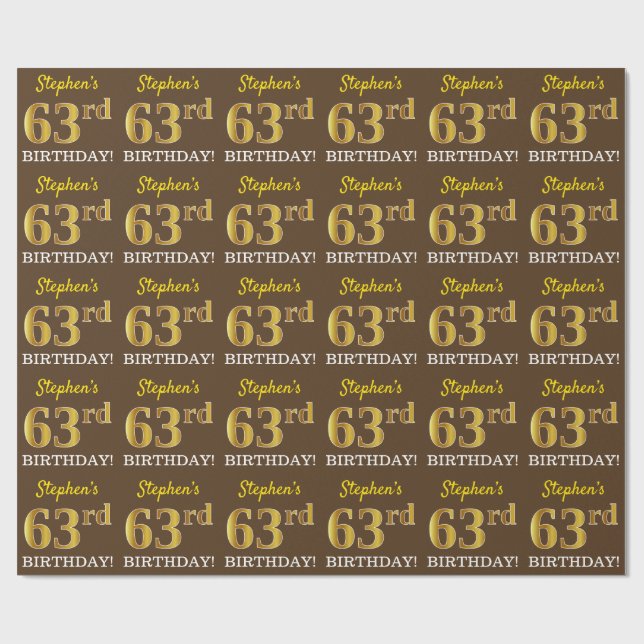 Brown, Imitation Gold Look "63rd BIRTHDAY" Wrapping Paper (Flat)