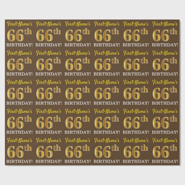 Brown, Imitation Gold Look "66th BIRTHDAY" Wrapping Paper (Flat)