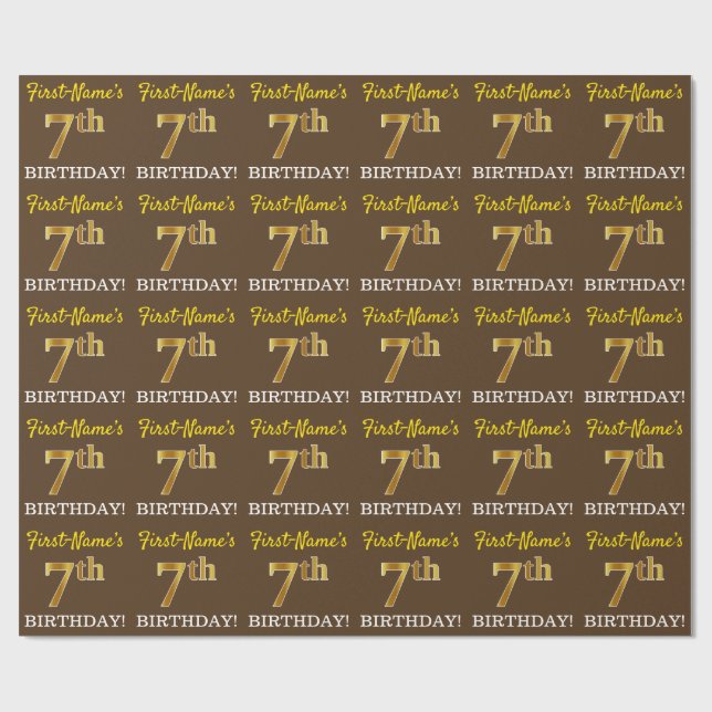 Brown, Imitation Gold Look "7th BIRTHDAY" Wrapping Paper (Flat)
