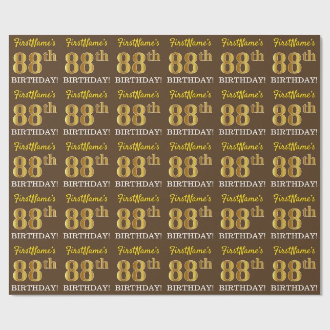 Brown, Imitation Gold Look "88th BIRTHDAY" Wrapping Paper (Flat)