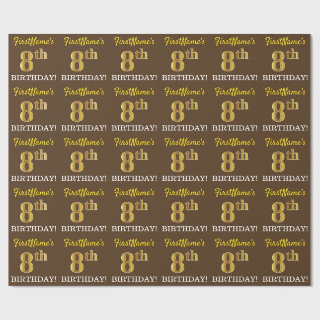 Brown, Imitation Gold Look "8th BIRTHDAY" Wrapping Paper (Flat)