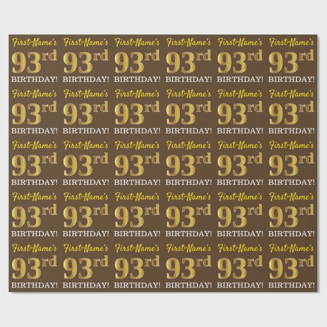 Brown, Imitation Gold Look "93rd BIRTHDAY" Wrapping Paper (Flat)