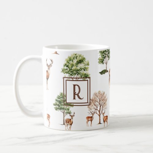 Brown Initial Custom Deer and Trees Pattern Coffee Mug