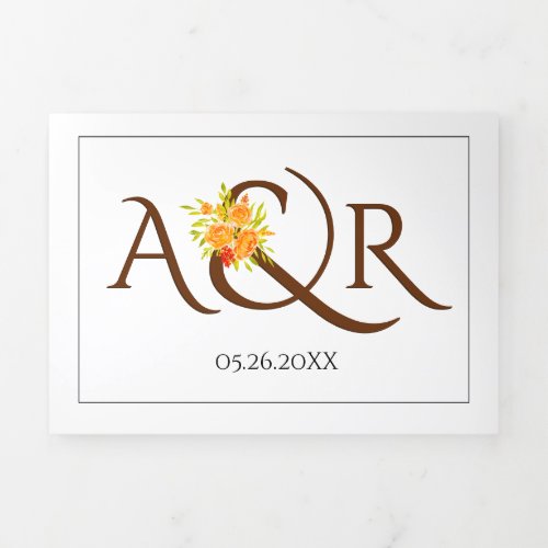 Brown initials ampersand orange roses fall wedding Tri_Fold invitation