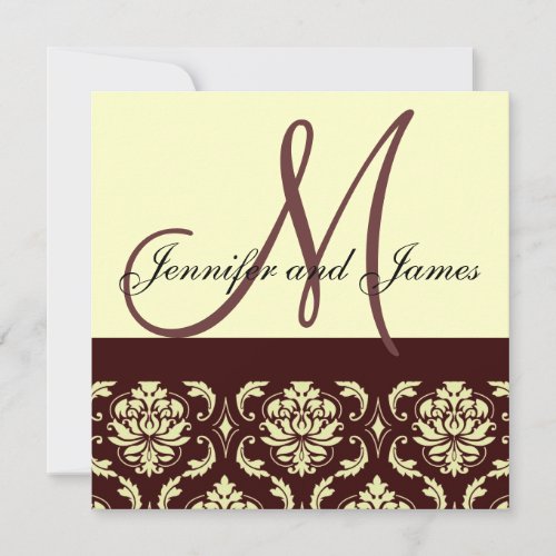Brown Ivory Damask  Monogram Wedding Invitation
