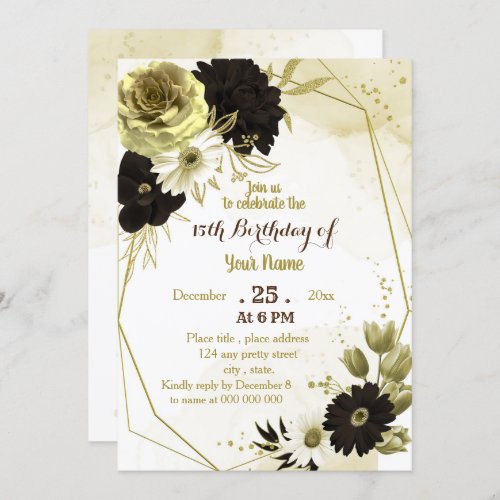 brown ivory gold floral geometric birthday party invitation