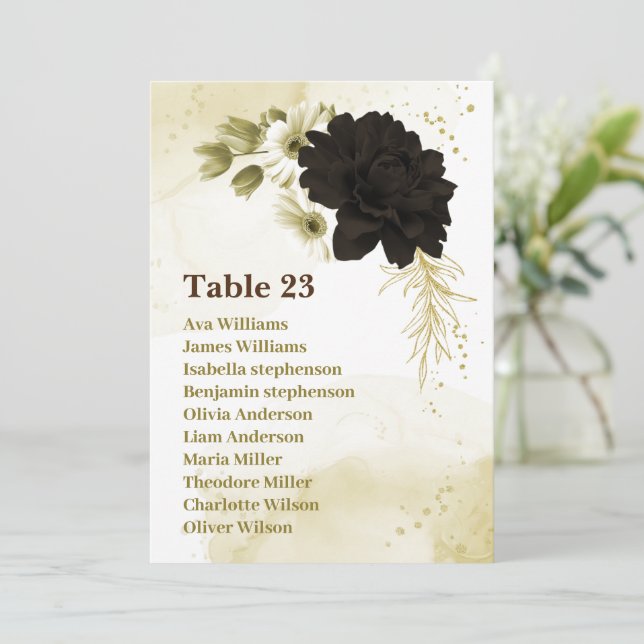 Brown ivory gold floral wedding seating chart card (Standing Front)