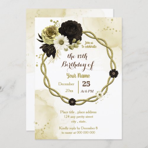 brown ivory gold floral wreath birthday party invitation